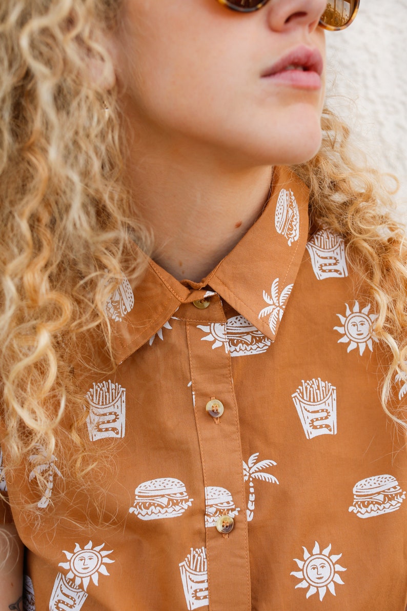 Mens & Womens Take It Greasy Fun Casual Woven Button Up Food Shirt, Burger Fries Blouse, Funny Cheeseburger Shirt, Paradise Hawaiian Shirt image 9