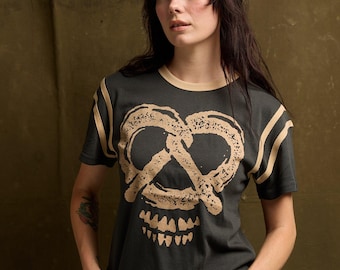 Snack and Destroy T-Shirt, Food Lover Shirt, Graphic Tee Unisex, Vintage Ringer Tee, Cute Junk Food Graphic Shirt, Cool Gift, Pretzel Skull