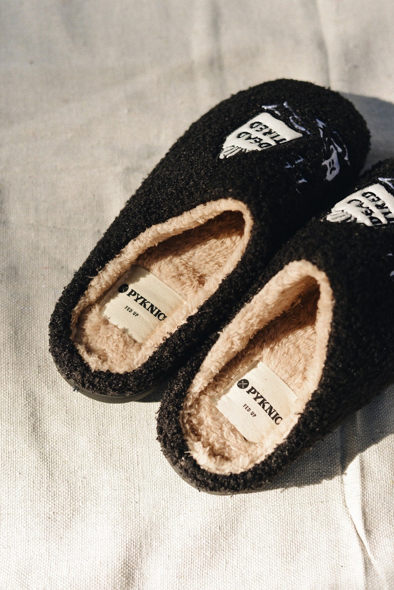 Dead Tired Slippers by Pyknic | Comfy, Plush Warm Fleece Slippers for Coffee Lovers, Foodies, Tattoo Art, Coffee Mug