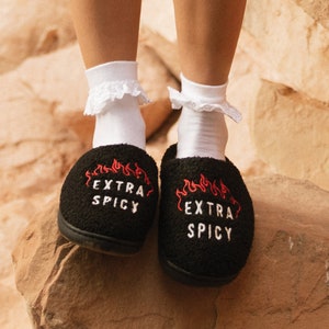 Extra Spicy Slippers, Comfy Slippers, Fun Food Saying Slippers, House Shoes, Flames, Gift for Foodies, Cooking, Statement