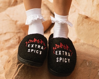 Extra Spicy Slippers, Comfy Slippers, Fun Food Saying Slippers, House Shoes, Flames, Gift for Foodies, Cooking, Statement