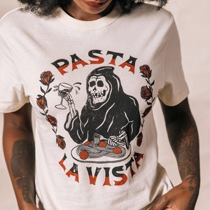 Pasta La Vista Mens Womens Food Pun T shirt Funny Foodie Shirt Meatball and Noodles T Shirt Carbs T-Shirt Grim Reaper image 2