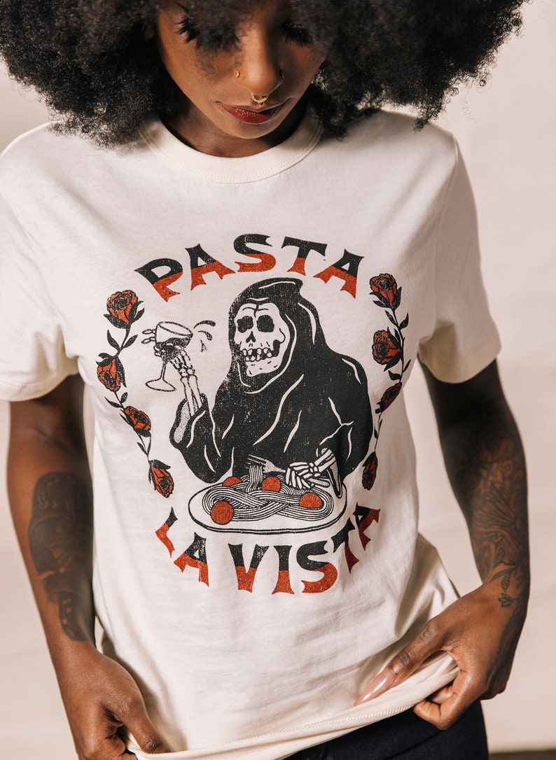 Pasta La Vista Mens Womens Food Pun T shirt Funny Foodie Shirt Meatball and Noodles T Shirt Carbs T-Shirt Grim Reaper image 2