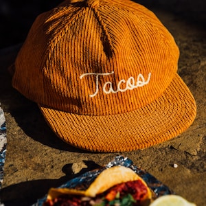 Chainstitch Tacos Hat, Corduroy Strapback Hat, Mens Hat, Womens Hats, Snapback, Vintage Baseball Cap, Felt Patch, Taco Foodie Gift