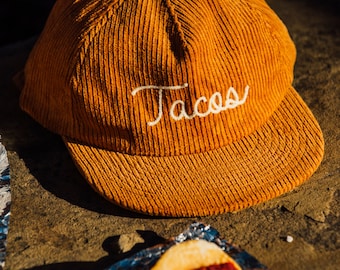 Chapeau tacos à point de chaînette, chapeau à lanières en velours côtelé, chapeau pour homme, chapeaux femme, snapback, casquette de baseball vintage, patch en feutre, cadeau tacos pour gourmets