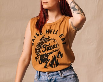 Raise Hell Eat Tacos – damski top z nadrukiem, koszulka z nadrukiem Taco, Taco Tuesday, Teksas, koszulki z napisami, koszulki z festiwalu jedzenia i wina, zabawna koszulka