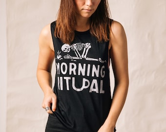 Morning Ritual Womens Muscle Tee | Funny Coffee Shirt | Coffee Gift | Barista Shirt | But First Coffee Tank | Tired Mom Life | Mom Gift