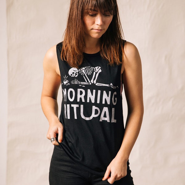 Morning Ritual Womens Muscle Tee | Funny Coffee Shirt | Coffee Gift | Barista Shirt | But First Coffee Tank | Tired Mom Life | Mom Gift