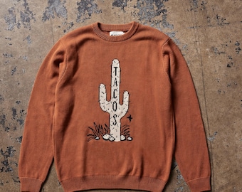 Cactus Tacos Sweater | Quirky Graphic Knit Crewneck | Funny Foodie Gift for Him Her | Western Style Pullover | Taco Lover Jumper