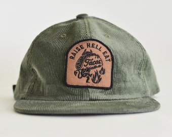 Raise Hell Eat Tacos Hat, Strapback Hat, Mens Hat, Womens Hats, Snapback, Vintage Baseball Cap, Felt Patch, Taco Foodie Gift, Corduroy Hat