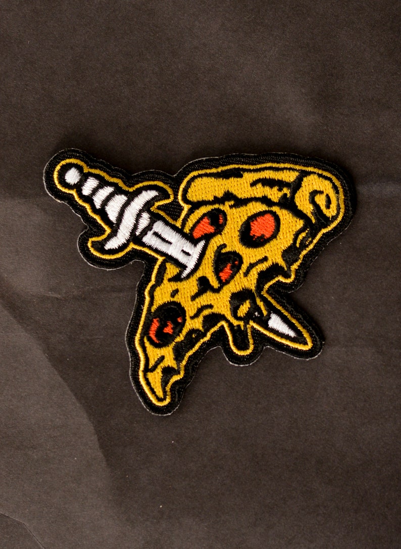 Pizza, Dagger Tattoo, Iron on Patch, Patches, Stocking Stuffers, Embroidered Patch, Gifts for Men, Pizza Slice, Patches for Jackets image 1