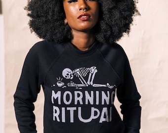 Morning Ritual Unisex Adult Crewneck Sweatshirt | Comfy Sweatshirts with Sayings | Coffee Lover | Hipster | Skulls | Funny Coffee Shirt