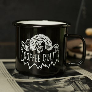 Coffee Cult Black Enamel 12 ounce Coffee or Tea Mug for Coffee Lovers, Coffee Drinkers, Baristas, Camping, Foodie Gifts