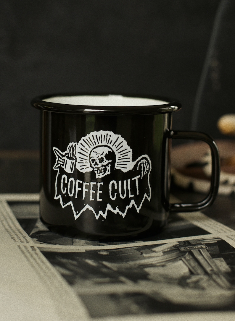 Coffee Cult Black Enamel 12 ounce Coffee or Tea Mug for Coffee Lovers, Coffee Drinkers, Baristas, Camping, Foodie Gifts image 1