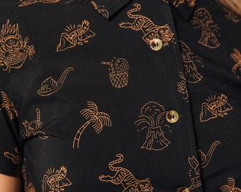 Spicy Noods Fun WOMENS Tropical Button-Up Top, Noodle Button Down Shirt, Tiki Shirt, Hipster Food Shirt, Foodie, Palm Shirt, Dim Sum