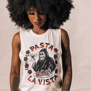 Pasta La Vista Womens Food Pun Muscle Tee | Funny Foodie Shirt | Eat More Carbs T Shirt | Noodles Tshirt | Grim Reaper