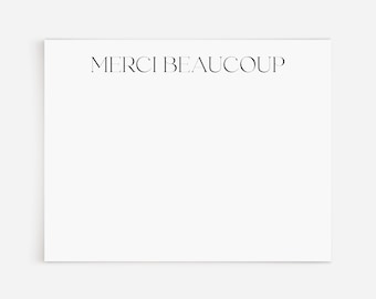 Merci Beaucoup Note Card Stationery Set | 12 Custom French Thank You Cards | Modern Minimal Typography