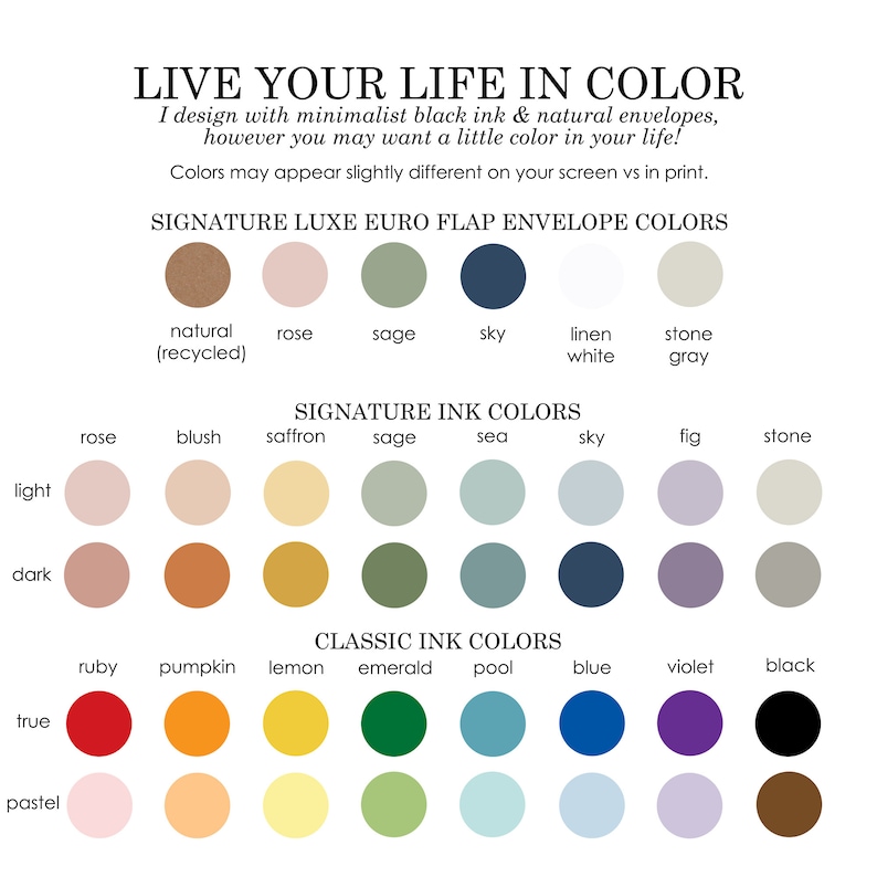 K&ouml;nnte beinhalten: Eine Tabelle mit verschiedenen Tintenfarben f&uuml;r Umschl&auml;ge und Briefpapier. Die Farben sind in drei Kategorien unterteilt: Signature Luxe Euro Flap Envelope Colors, Signature Ink Colors und Classic Ink Colors. Die Farben umfassen Natur, Rose, Salbei, Himmel, Leinenwei&szlig;, Steingrau, Rouge, Pfirsich, Safran, Meer, Feige, Stein, Rubin, K&uuml;rbis, Zitrone, Smaragd, Pool, Blau, Violett und Schwarz.