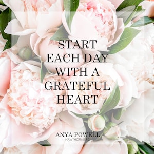 May include: A close-up of a bouquet of pink peonies with green leaves. The text "Start each day with a grateful heart" is superimposed on the image. The text "Anya Powell Hawthorne Rd" is at the bottom of the image.