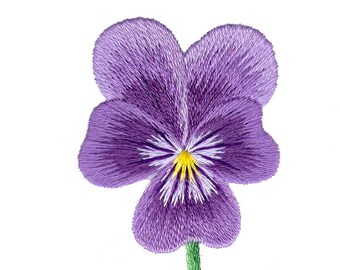 May include: A purple and yellow embroidered flower with green leaves and a stem. The flower is a pansy.
