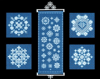 May include: A blue and white sampler with snowflake designs. The sampler is titled "Hapsburg Lace Snowflake Sampler" and is signed "Tanja Berlin".