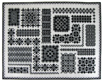 May include: A white canvas sampler with various black lace mosaic patterns. The sampler includes geometric shapes, floral designs, and borders. The text "Hapsburg Lace Mosaic Sampler" and "Tanja Berlin" are displayed.