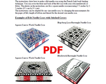 May include: Image of a PDF document with instructions for making felt needle cases using the French Link book binding technique. The document shows examples of needle cases with stitched covers, including a square canvas and a Hapsburg lace rectangle case.