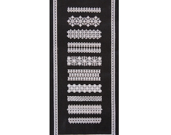 May include: A black and white image of 12 different white embroidery patterns on a black background. The patterns are all different styles of lace and are arranged in a vertical column. The image is framed with a black border and the text "berlinembroidery.com" is at the bottom.