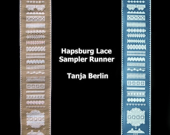 May include: Two beige and blue fabric panels with white embroidered lace designs. The panels are labeled "Hapsburg Lace Sampler Runner" and "Tanja Berlin".