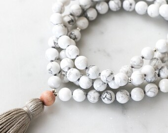 Howlite Mala Necklace | CALM | howlite mala 108 beads, mala tassel necklace, beaded 8mm gemstone necklace, yoga beads necklace gift for her