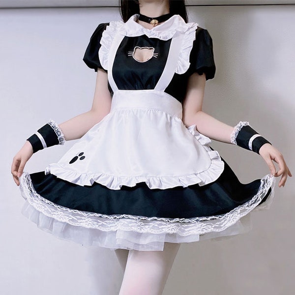 Vestido de sirvienta de encaje, vestidos de uniforme de vestido de cosplay, vestido de gato Kawaii