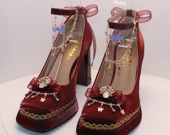 Elegant Red Wedding Shoes with Custom Butterfly Bow, Peking Opera-Inspired Flower Heels