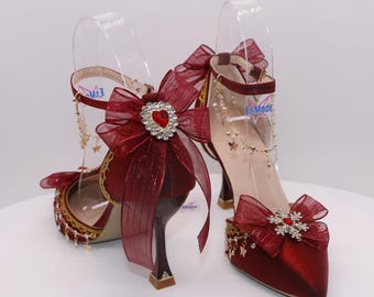 Red Butterfly Bow Heels, Heart & Snowflake Design, Elegant Shoes