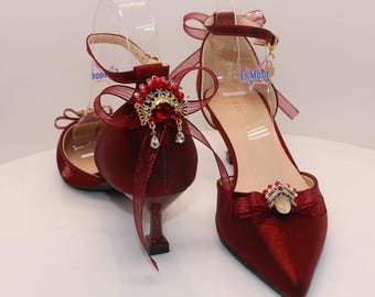 Peking Opera Heels with Red Shoes, Elegant Party Wedding Shoes