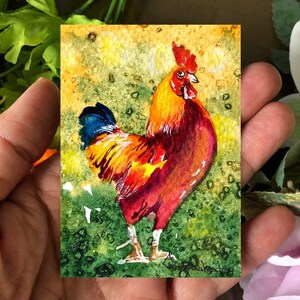Aceo Original Art, dipinto originale ad acquerello di un gallo, cartolina Aceo in miniatura, piccola, mini arte, idee regalo, arte spaziale, opere d'arte di animali da fattoria