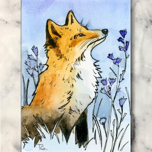 Original ACEO Watercolor Fox Art – Miniature Forest Painting with Poppies – Tiny Animal Artwork 2.5x3.5