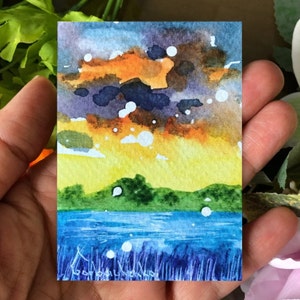 Aquarelle Aceo originale, Carte ACEO miniature, Art miniature, Peinture de paysage minimaliste, Idées cadeaux, Art de l'espace, Paysage de campagne