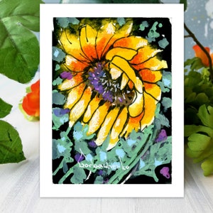ACEO Arte Originale, Dipinto ad Acquerello Originale di Girasole, Biglietto Aceo in Miniatura, Regalo di Arte Floreale in Miniatura, Arte Botanica Spaziale