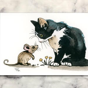 May include: A watercolor illustration featuring a black and white cat looking down at a small brown mouse. The cat has white paws and a white chest. The mouse stands on its hind legs near three small yellow flowers. The initials TG are visible.