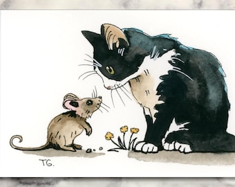 Cat and Mouse Original ACEO Watercolor Painting – Miniature Art Trading Card