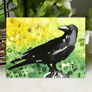 Pintura original de acuarela de cuervo (ACEO): arte de aves pequeñas, pintura de vida silvestre en miniatura, obra de arte animal hecha a mano, regalo artístico