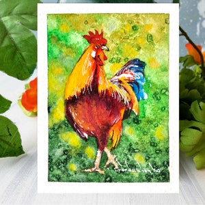 Aceo Original Kunst, Hahn Original Aquarell Gemälde, Miniatur Aceo Karte, kleine, Mini Kunst, Geschenkideen, Weltraum Kunst, Bauernhof Tiere Kunstwerk