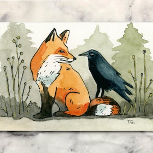 ACEO Original Fox & Crow Watercolor Painting, Miniature Animal Art Card, Unique Nature Gift for Art Lovers, Hand-Painted Collectible Artwork