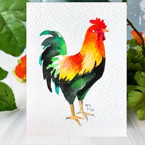 Aceo Original Art, Rooster Original Watercolor Painting, Miniature Aceo Card, Tiny, Mini Art, Gift Ideas, Space Art, Farm Animals Artwork