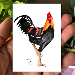 Aceo Original Art, Rooster Original Watercolor Painting, Miniature Aceo Card, Tiny, Mini Art, Gift Ideas, Space Art, Farm Animals Artwork