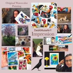 May include: A collage titled DeskMuseArt Impression featuring original watercolor paintings of animals like foxes, roosters, and rabbits, alongside photographs of a person, a dog, a bird, a tree, and art supplies including a paint set and brushes.