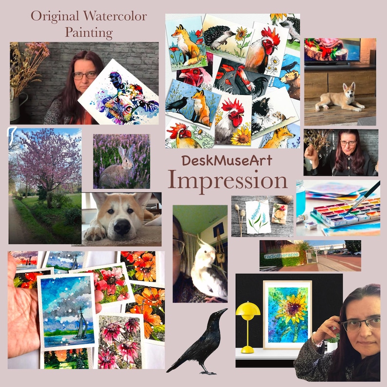 May include: A collage titled DeskMuseArt Impression featuring original watercolor paintings of animals like foxes, roosters, and rabbits, alongside photographs of a person, a dog, a bird, a tree, and art supplies including a paint set and brushes.