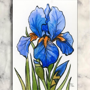 Original Blue Iris ACEO Watercolor Painting – Miniature Botanical Art Trading Card