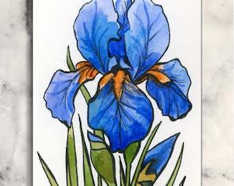 Original Blue Iris ACEO Watercolor Painting – Miniature Botanical Art Trading Card