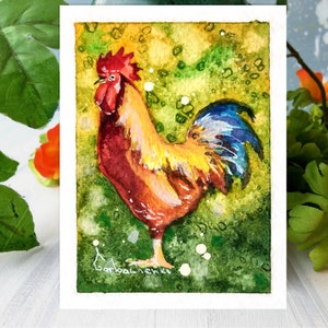 Aceo Original Art, dipinto originale ad acquerello di un gallo, cartolina Aceo in miniatura, piccola, mini arte, idee regalo, arte spaziale, opere d'arte di animali da fattoria